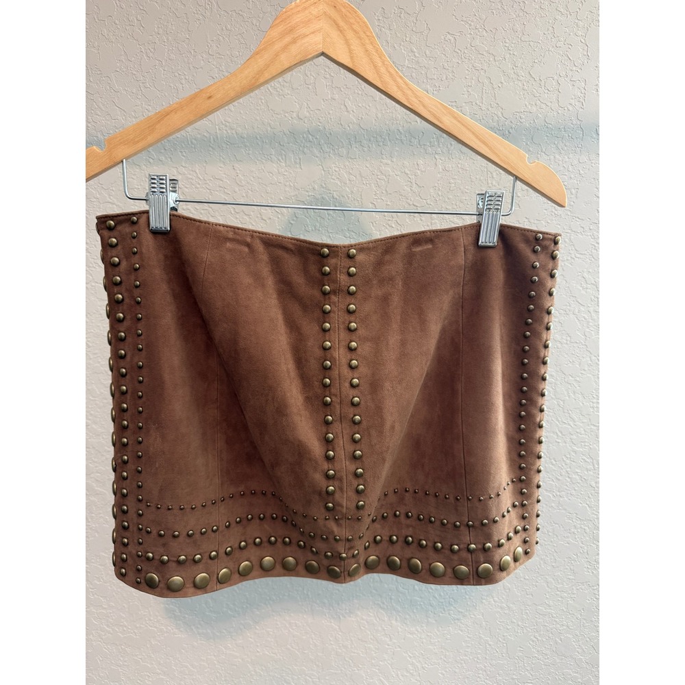 Haute Hippie Taupe Suede Studded Mini Skirt Brown Boho Western HHFA12-4084 Large - Picture 5 of 8